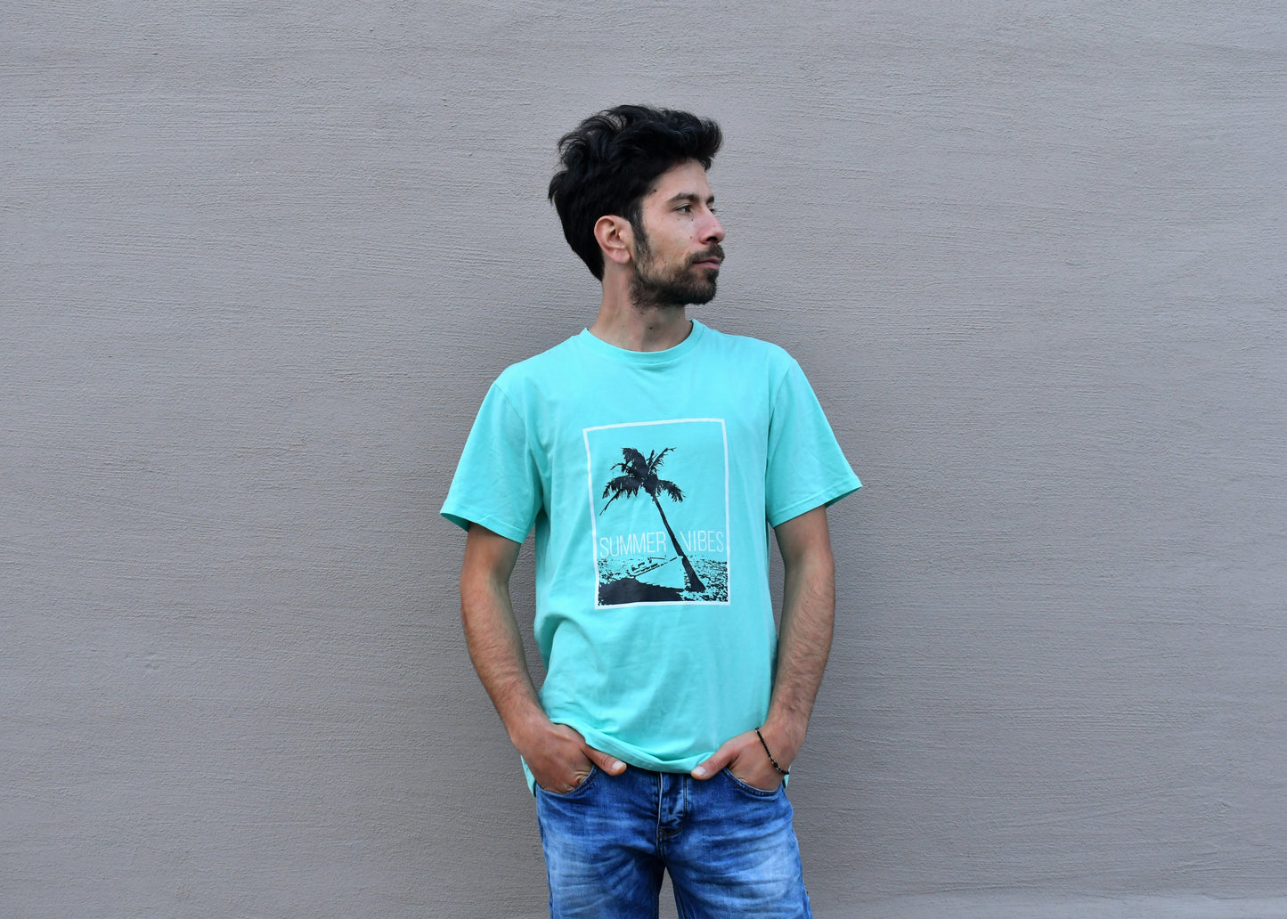 "Summer Vibes" Mint Green T-Shirt, Regular Fit, Round Neck - Cosmic Hippos