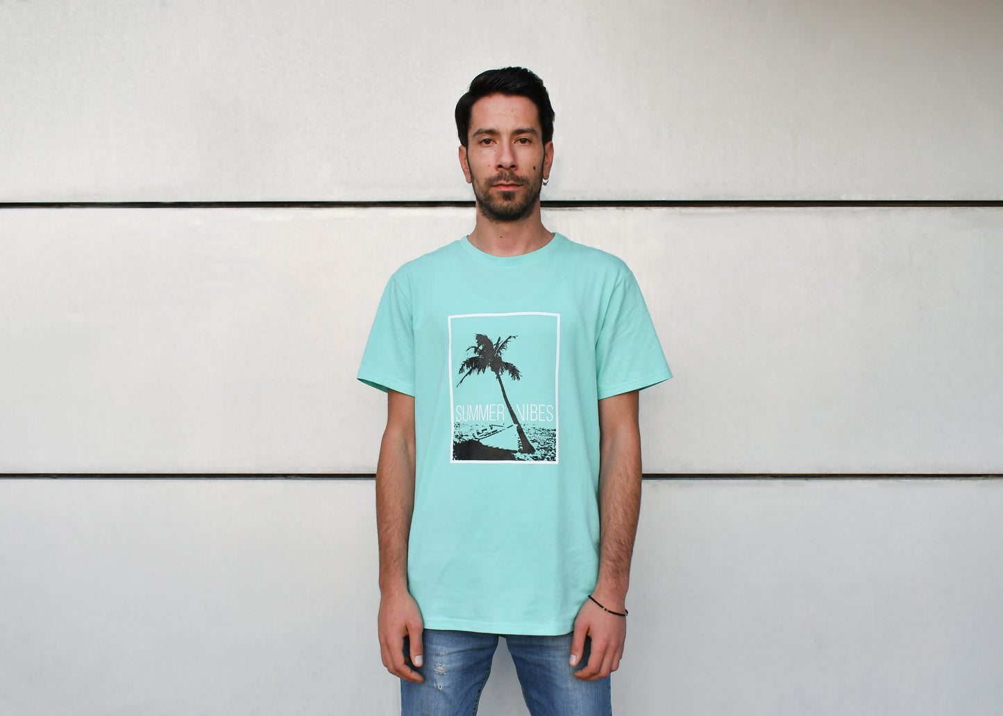 "Summer Vibes" Mint Green T-Shirt, Regular Fit, Round Neck - Cosmic Hippos