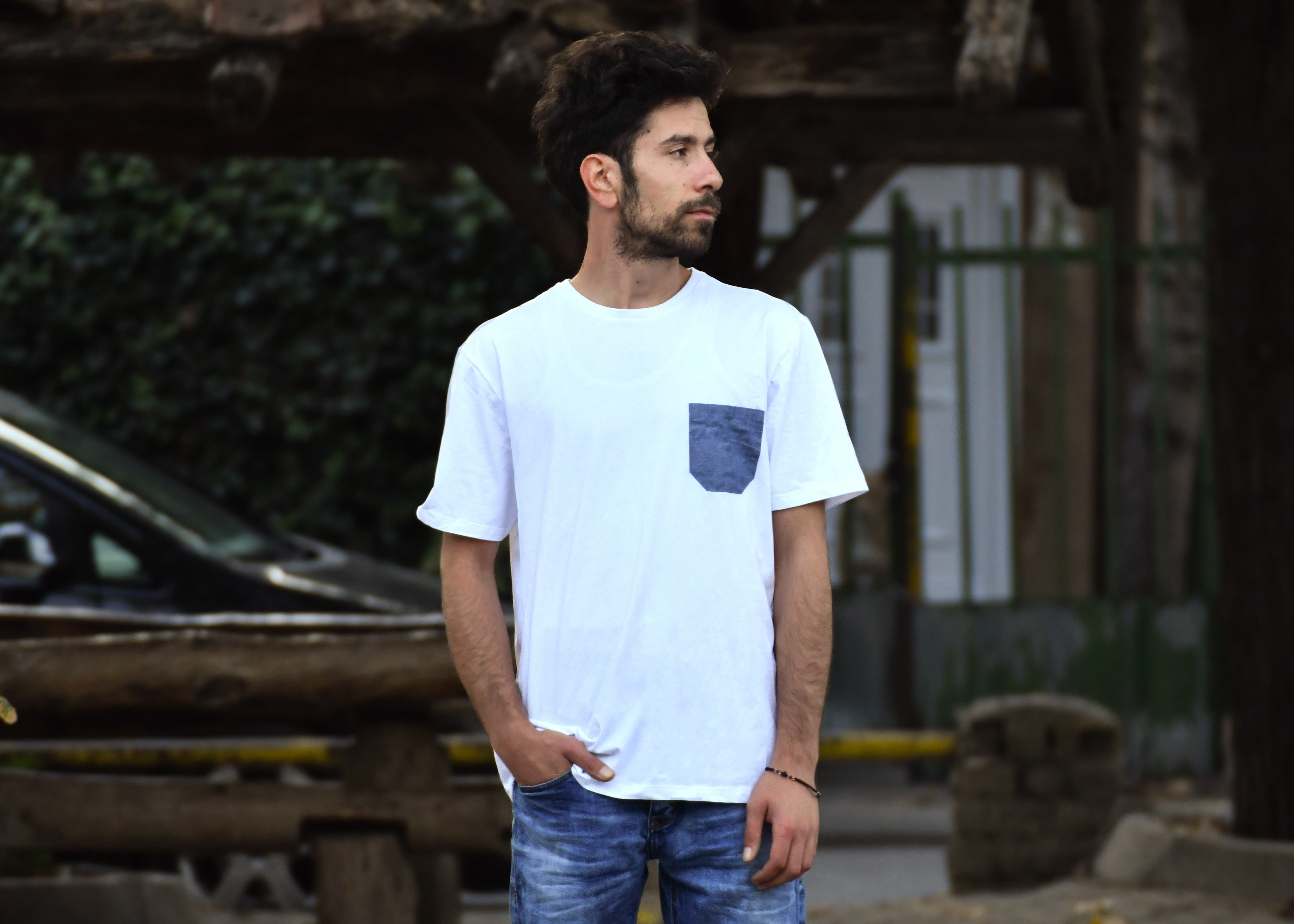 Men's White T-Shirt with Jeans Pocket, Round Neck, Regular Fit