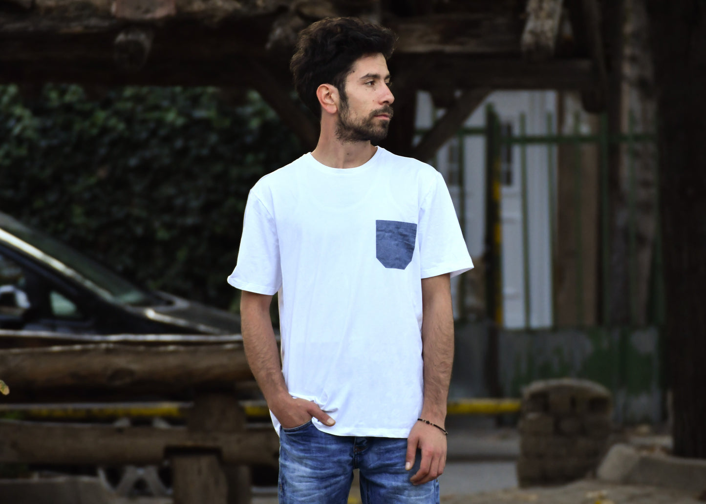 White T-Shirt with Jeans Pocket, Round Neck, Regular Fit - Cosmic Hippos