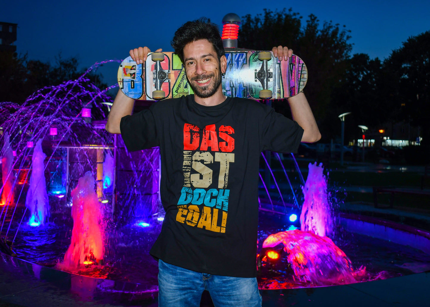 Black T-Shirt- 'Das ist Doch Egal', Round Neck, Drop Shoulder - Cosmic Hippos