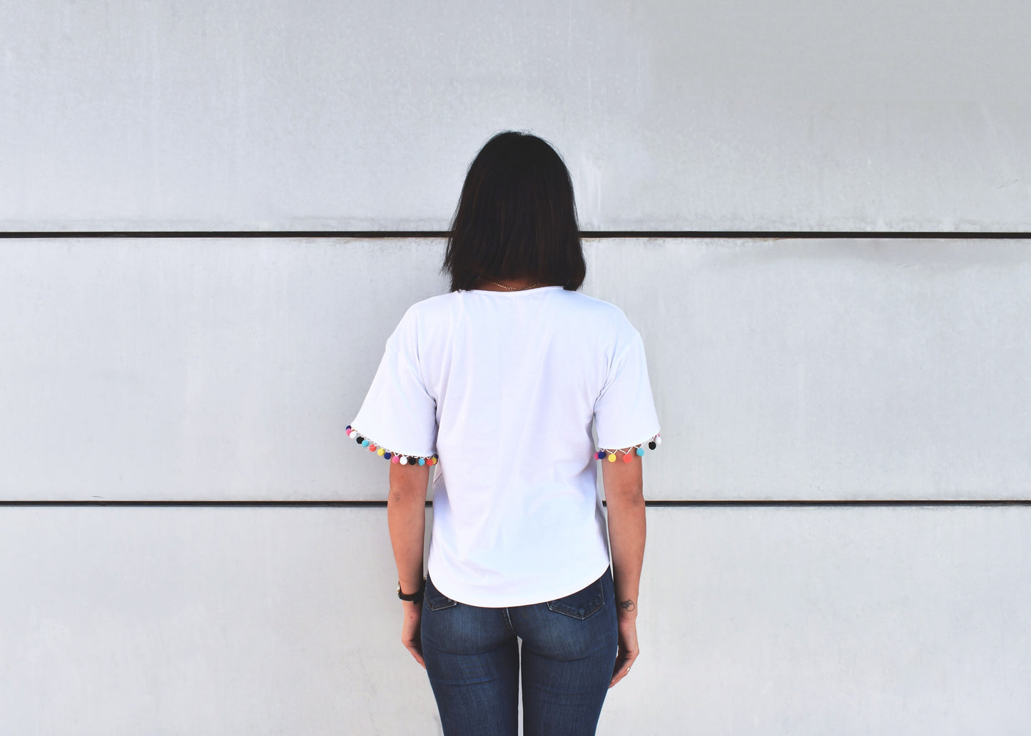 White T Shirt with colorful Pom Poms, Round Neck - Cosmic Hippos