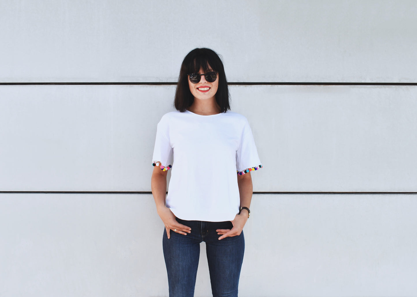 White T Shirt with colorful Pom Poms, Round Neck - Cosmic Hippos
