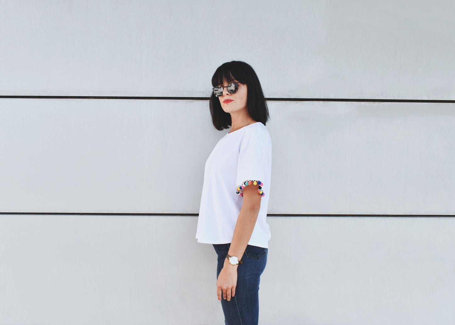 White T Shirt with colorful Pom Poms, Round Neck - Cosmic Hippos