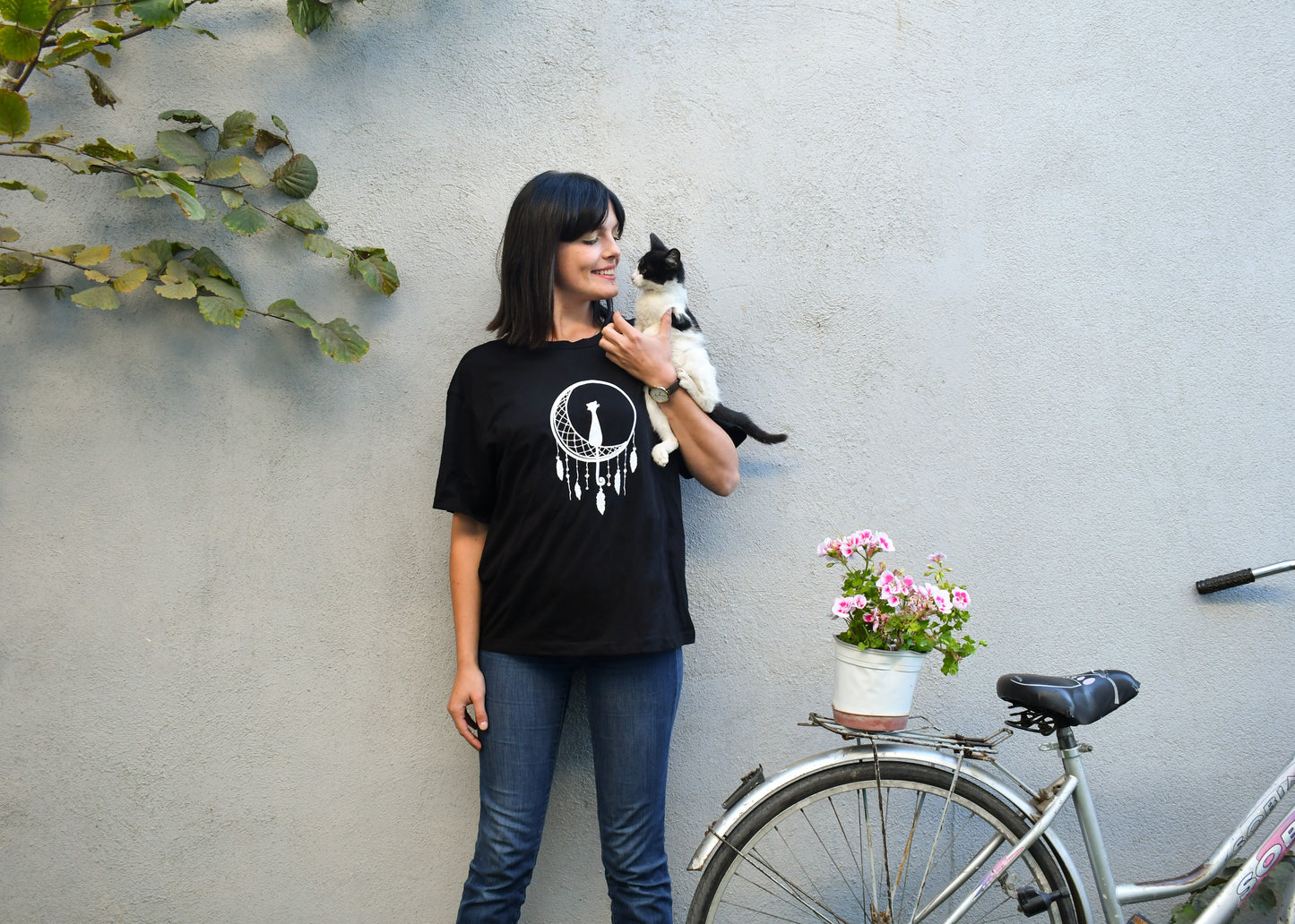 Black Dream Catcher T-Shirt, Round Neck, Drop Shoulder - Cosmic Hippos