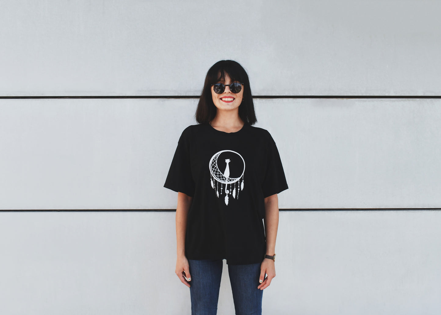 Black Dream Catcher T-Shirt, Round Neck, Drop Shoulder - Cosmic Hippos