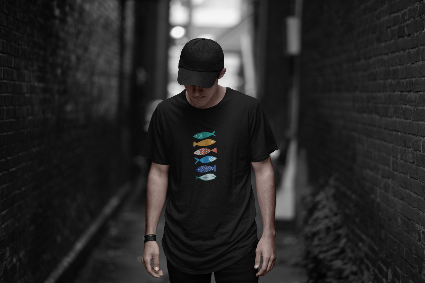 Partner Black T-Shirts, Colorful Fishes
