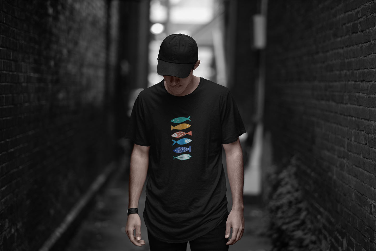 Unisex Black T-Shirt, Colorful Fishes