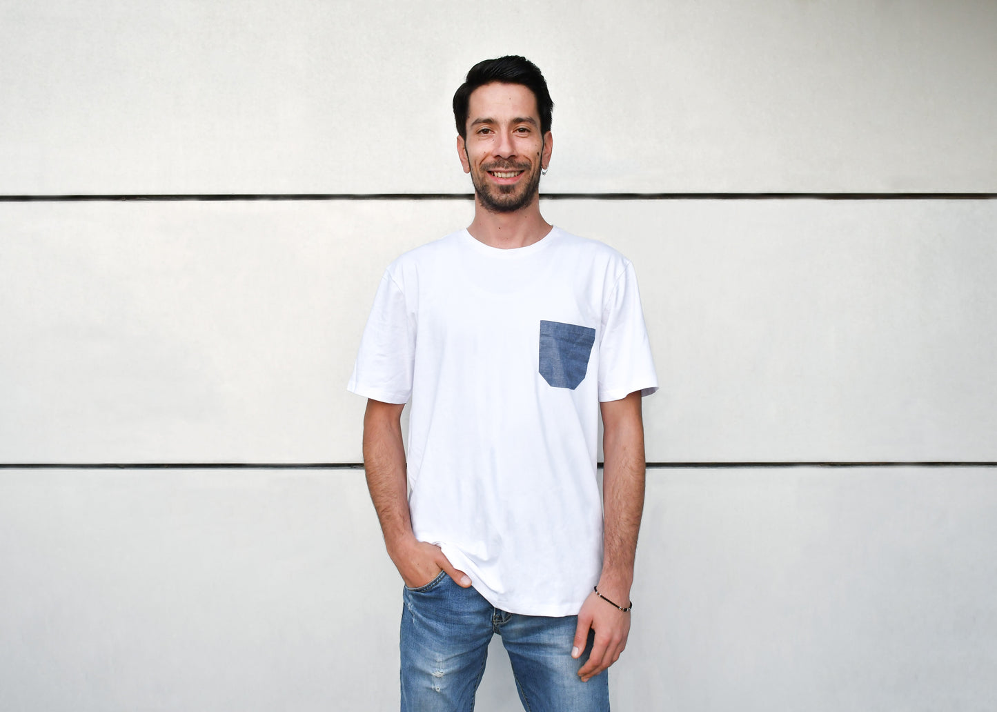 White T-Shirt with Jeans Pocket, Round Neck, Regular Fit - Cosmic Hippos