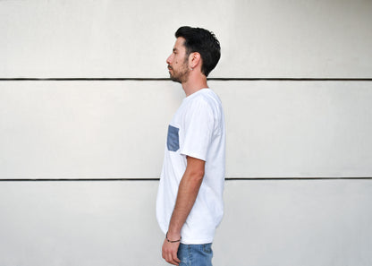 White T-Shirt with Jeans Pocket, Round Neck, Regular Fit - Cosmic Hippos