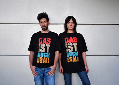 Unisex Black T-Shirt- 'Das ist Doch Egal', Round Neck, Drop Shoulder - Cosmic Hippos