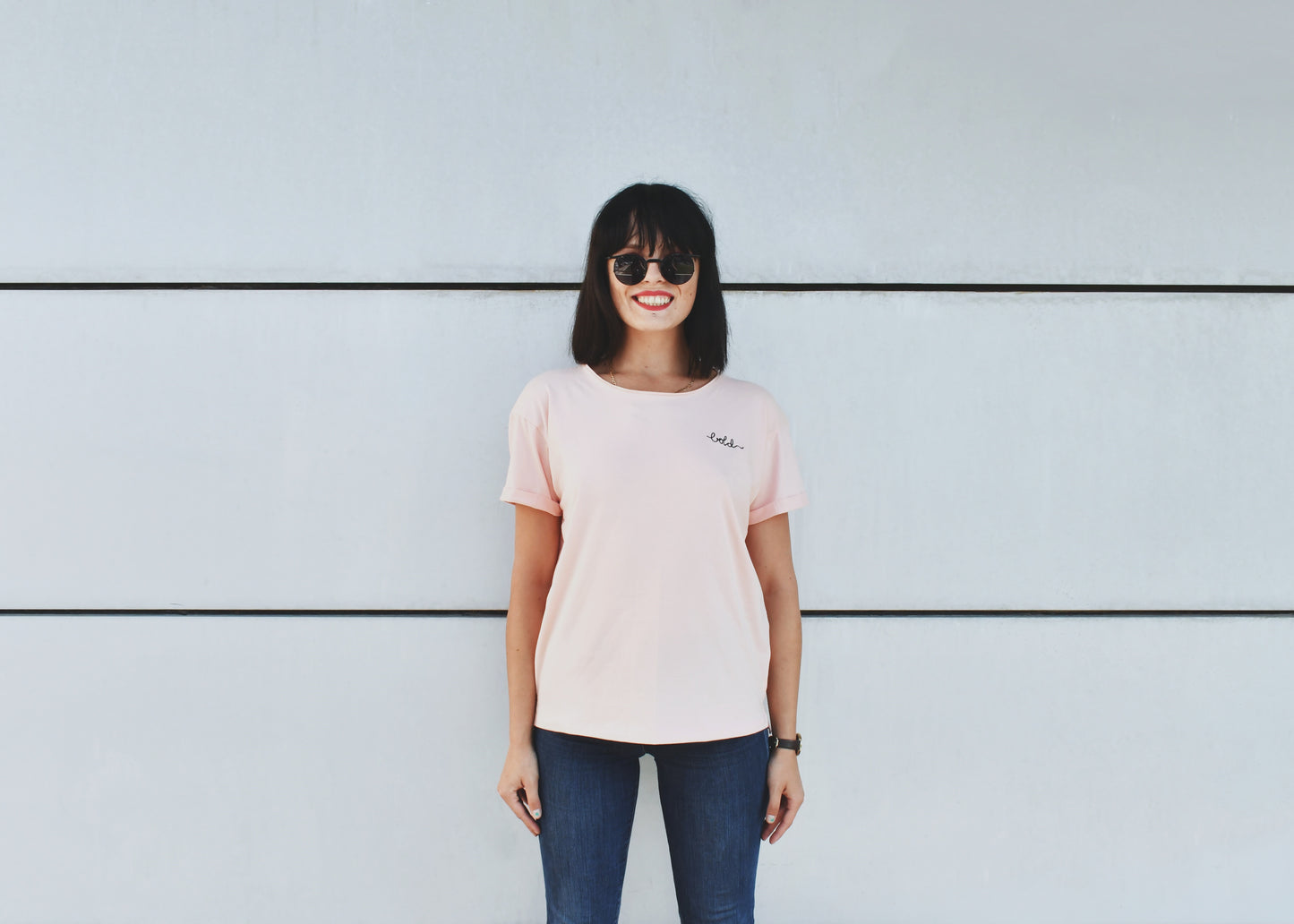 Pink T Shirt- With 'Bold' Embroidery, Round Neck, Regular Fit - Cosmic Hippos