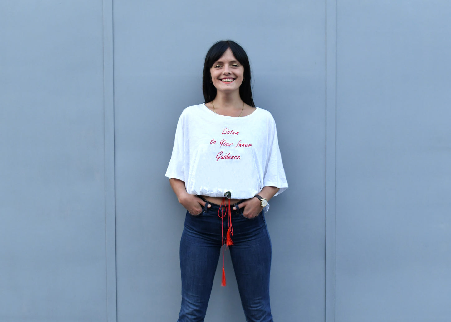 White Crop Top, with Embroidery "Listen to Your Inner Guidance" - Cosmic Hippos