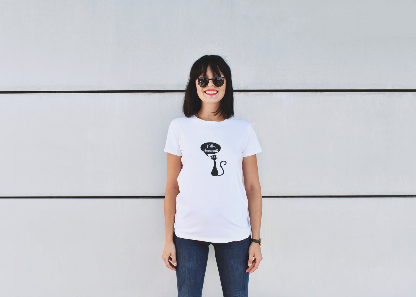 "Hello Hooman" White T-Shirt, Round Neck, Skinny Fit - Cosmic Hippos