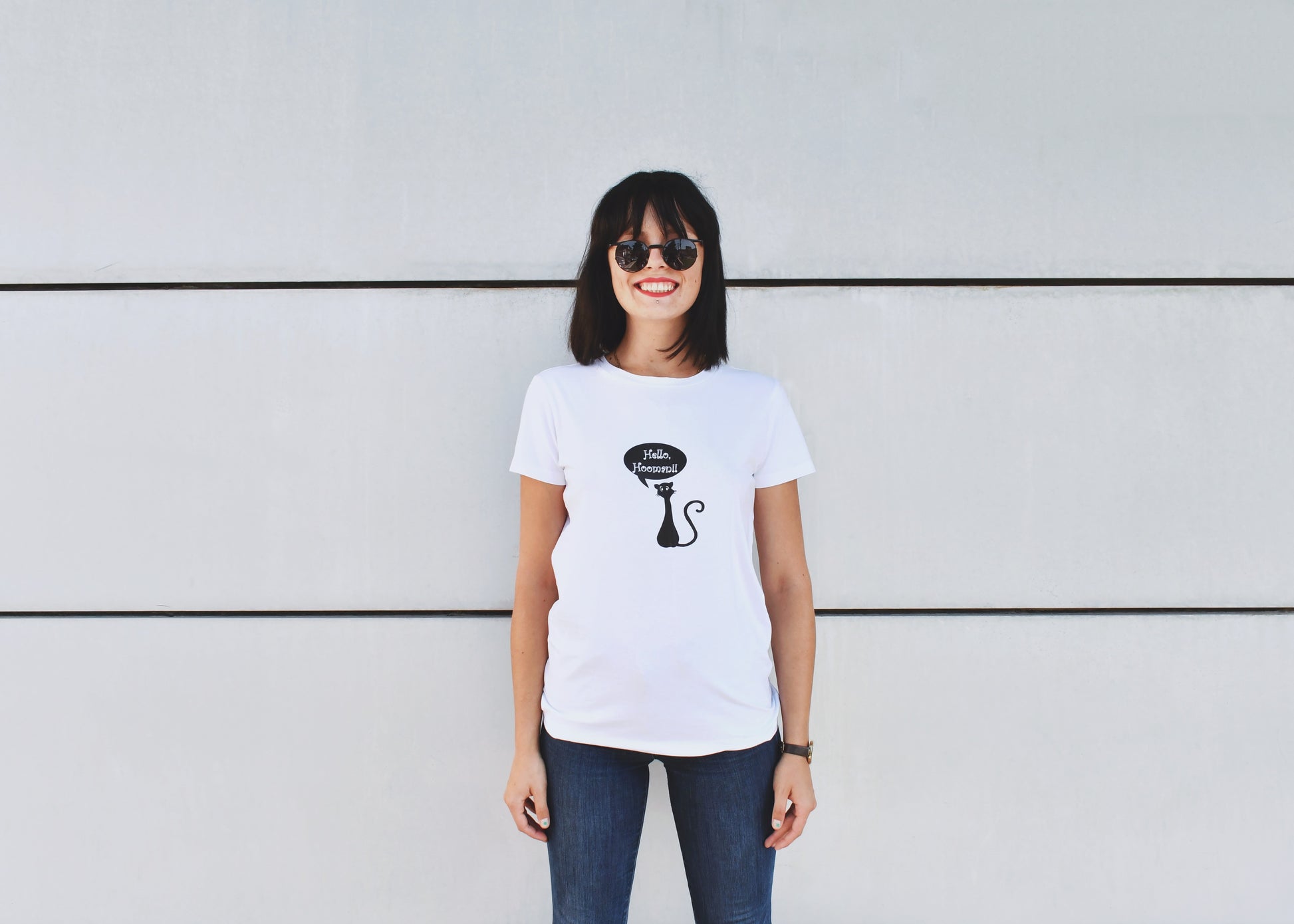 "Hello Hooman" White T-Shirt, Round Neck, Skinny Fit - Cosmic Hippos