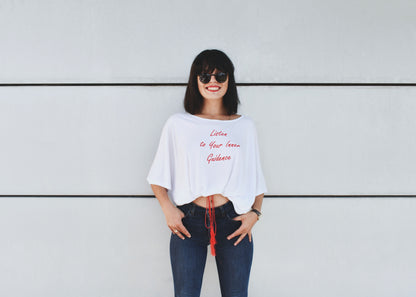 White Crop Top, with Embroidery "Listen to Your Inner Guidance" - Cosmic Hippos